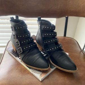 Studded Black Booties W Buckles & Zip Closure